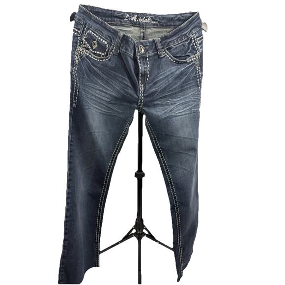 LA Idol Jeans Embellished Flap Pockets‎ Blue Stitching Sz 5 EUC - Picture 2 of 16